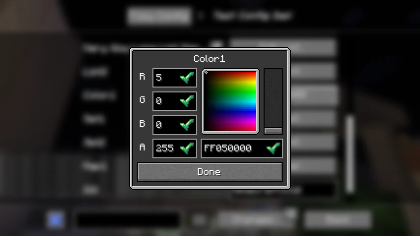 A colour picker popup in a Fzzy Config screen, with red, green, blue and alpha fields each showing a green tick